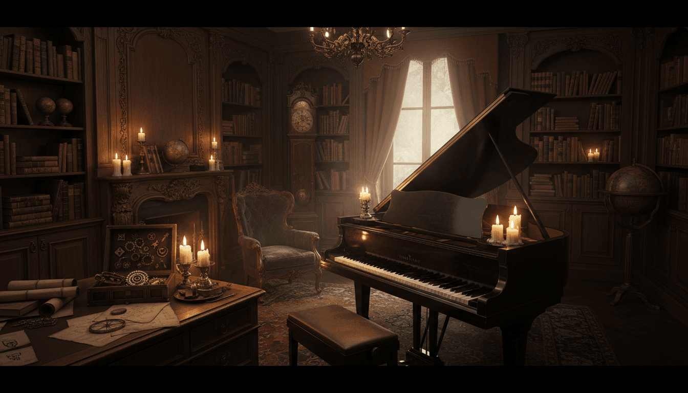 Elegant baby grand piano in a candlelit, ornately decorated study