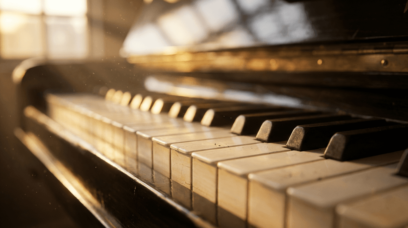 The Grand Piano Treasure Hunt prize piano displayed in dramatic lighting