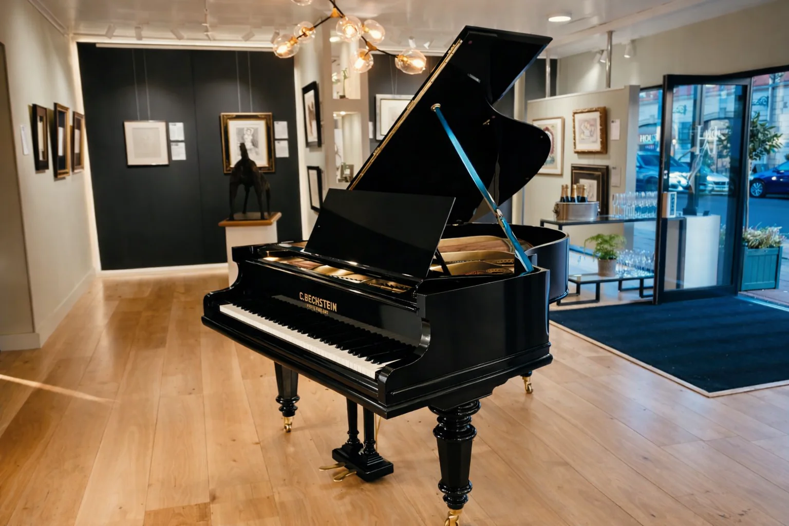 Black C. Bechstein grand piano with open lid in a bright art gallery.